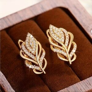 Gold Plated CZ Leaf Earrings Elegant Sparkle Statement Jewelry NWT